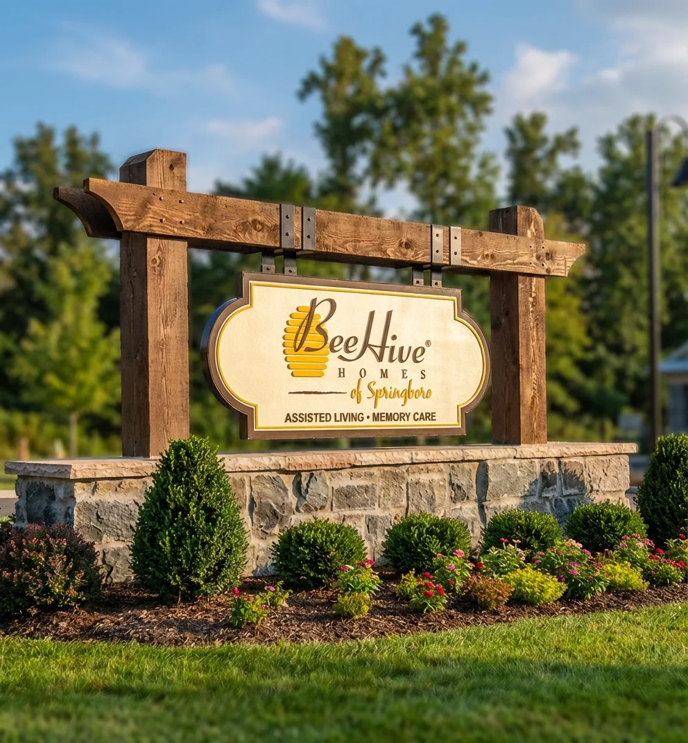Custom HDU community sign with steel frame and hanging brackets