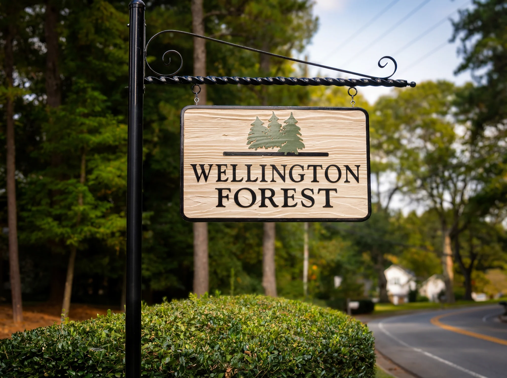 Sandblasted Cedar sign with scroll bracket and steel post