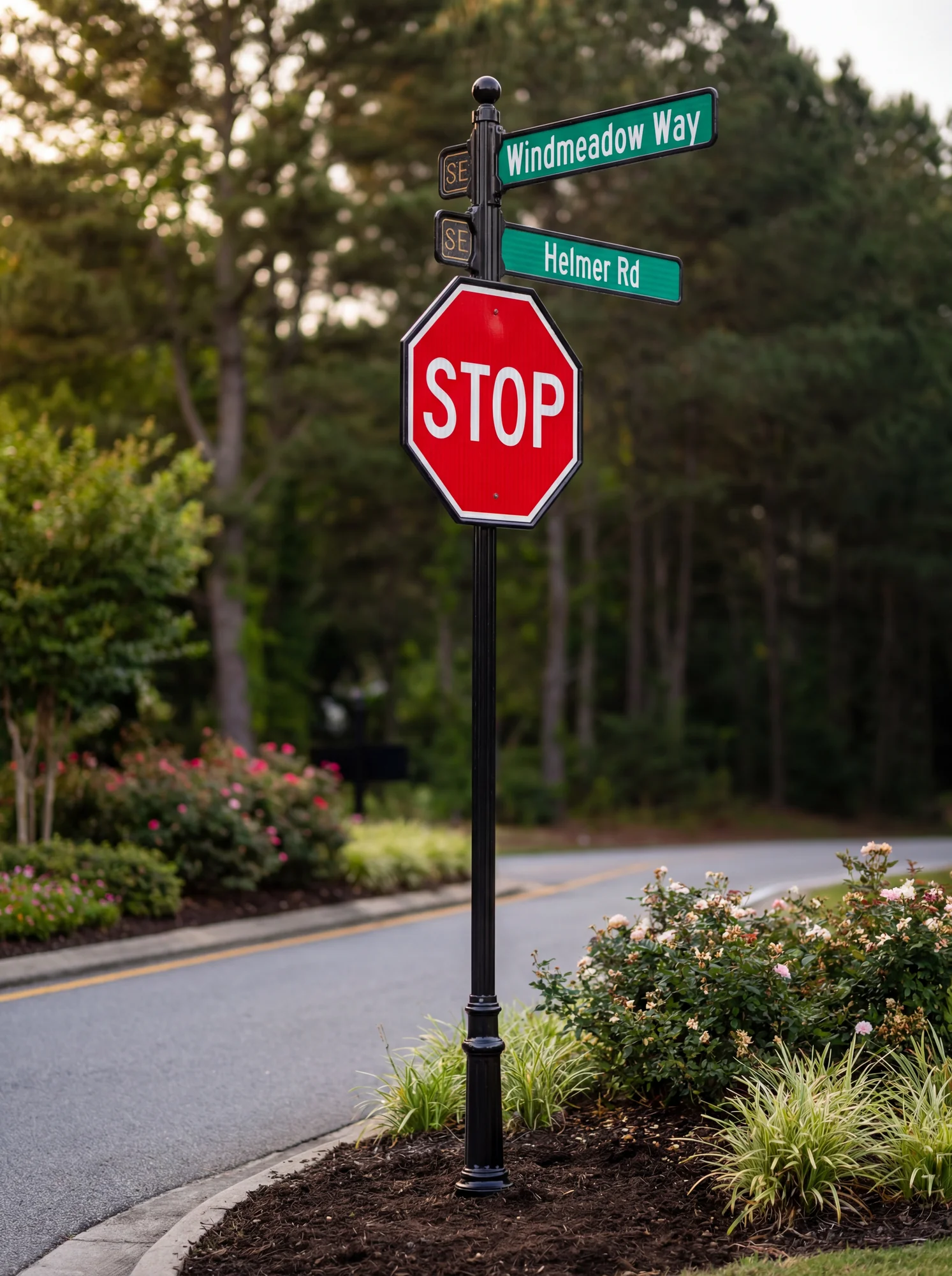 Cast aluminum post street arms and DOT stop sign with base
