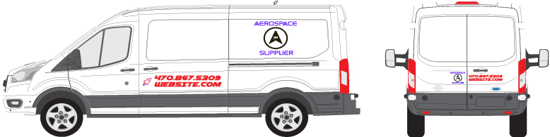 Work van with Budget/Simple graphics: small logo and contact info on the side and rear