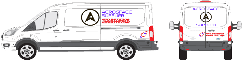 Work van with Medium coverage graphics: large logos and lettering on the side and rear
