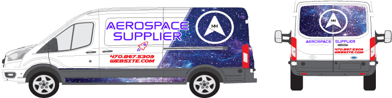 Work van with a partial wrap: printed vinyl panels across the sides and rear with the roof left bare