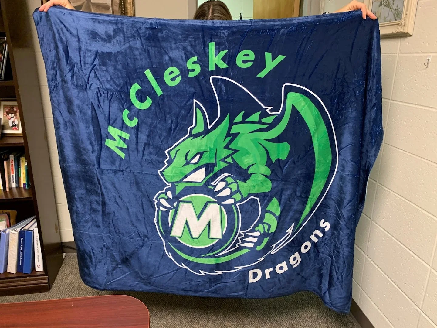 Custom printed McCleskey Dragons school blanket with mascot logo