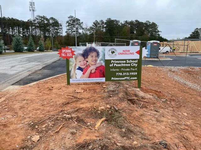 Primrose School of Peachtree City coming soon yard sign at construction site